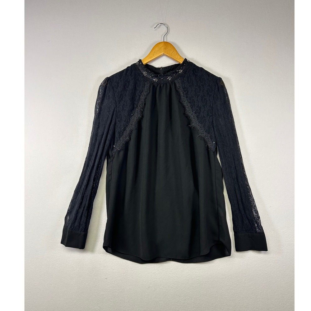 Victorian‎ Goth Lace Blouse Women Large Black Beaded High Neck Sheer Trim